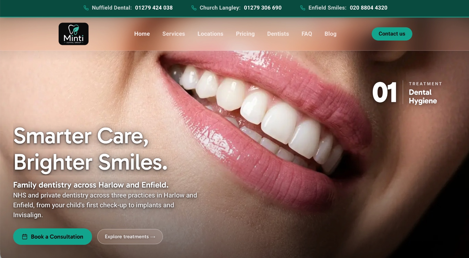 The new Minti Dental Group site, one domain doing the work of three
